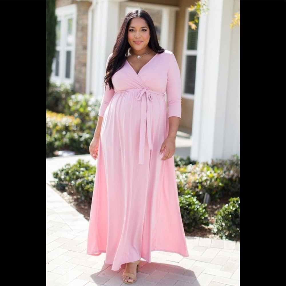 Plus Size Pink Blush Tie Waist Maternity Maxi Dress